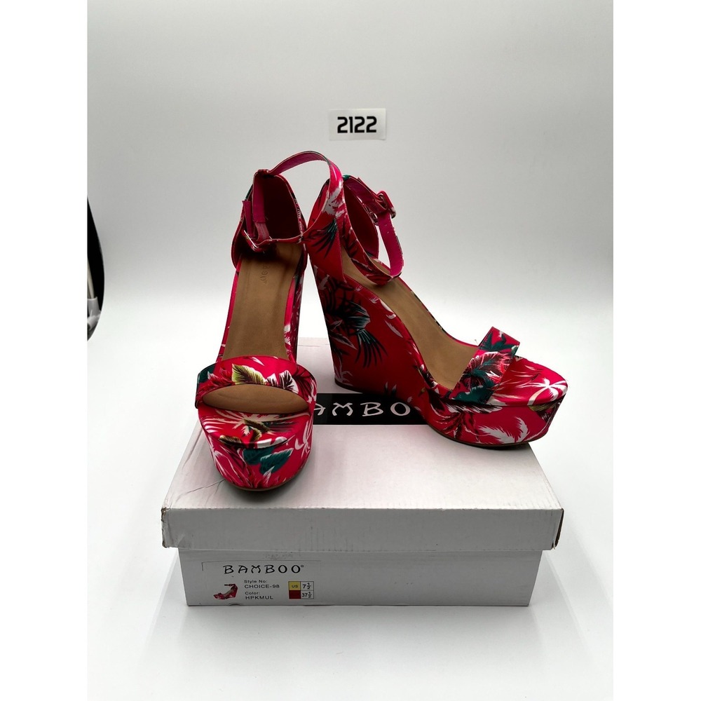 Bamboo Womens 7.5 Sandals Pink Floral Print Ankle Strap High Platform Wedge Heel